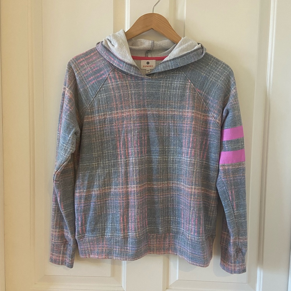 Anthropologie Sundry Stripes Plaid Pink Petal Hoodie Size 0 XS Womens - Picture 1 of 7